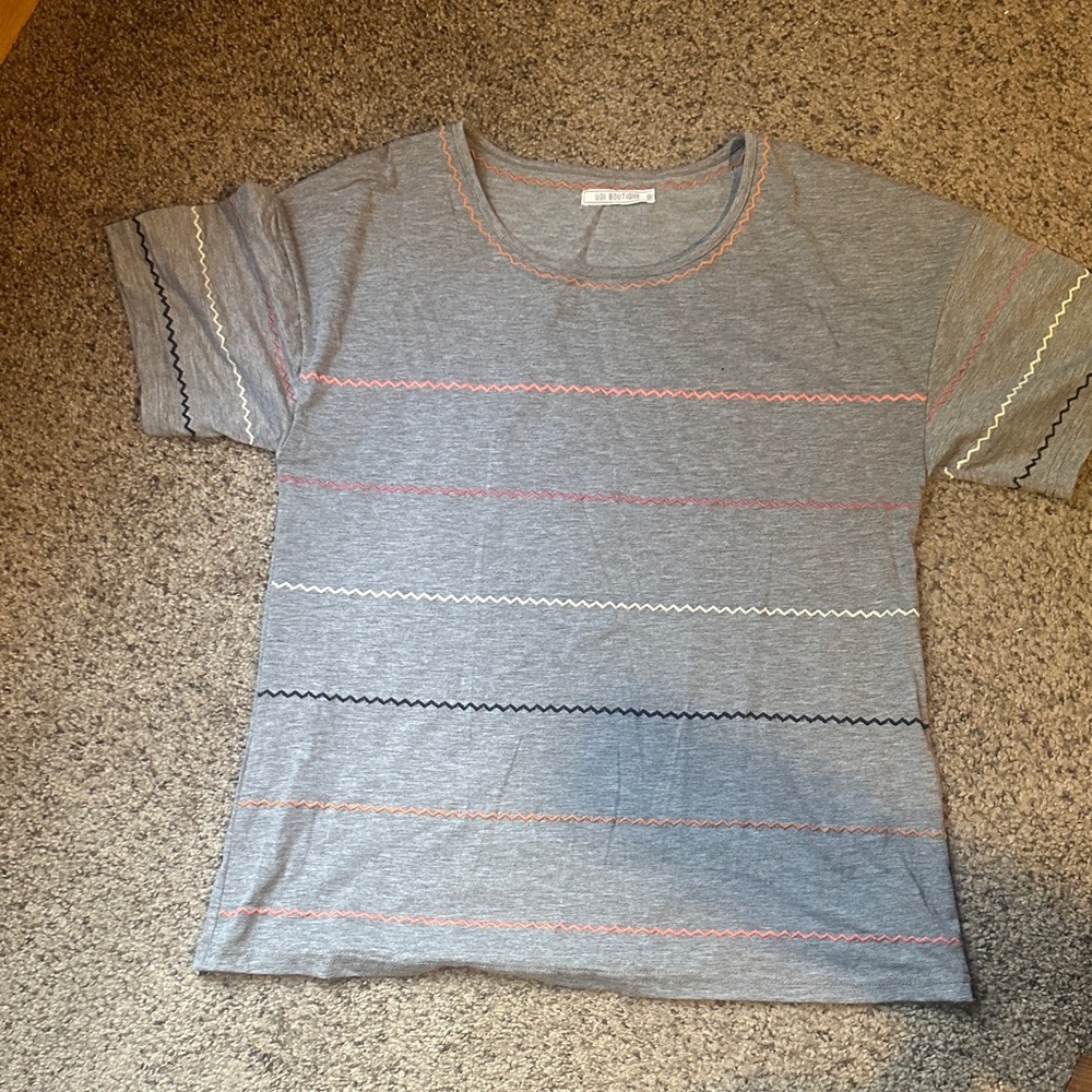 Dr. Denim Gray Top with Red and Orange Details